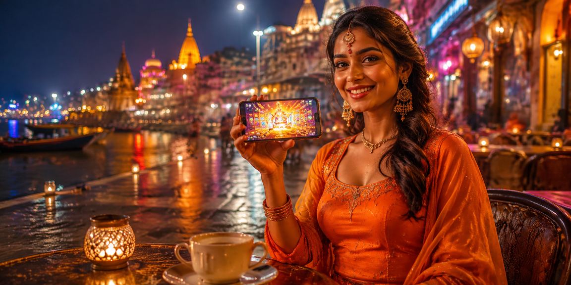 Neon slot game signage contrasted against Varanasi Ghat backdrop